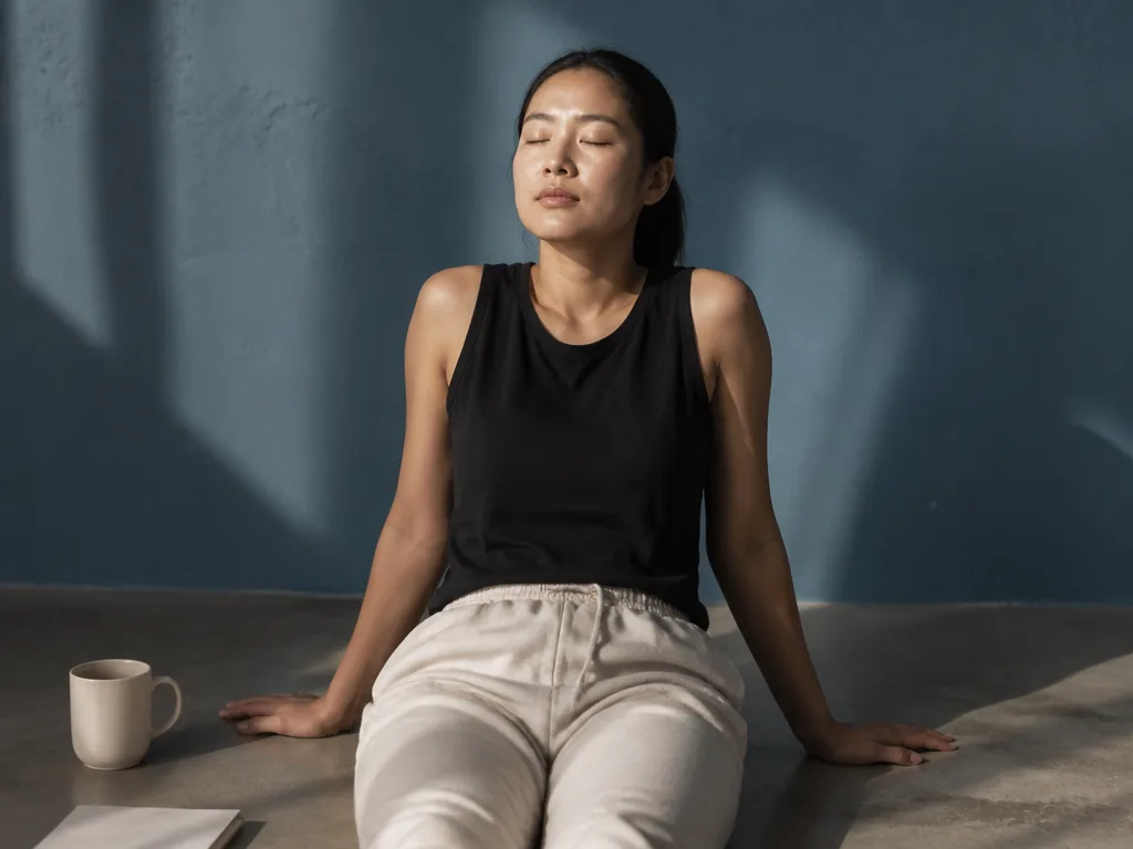 Photorealistic editorial photograph: a person sitting on a concrete floor, eyes closed, palms flat on the ground, breath