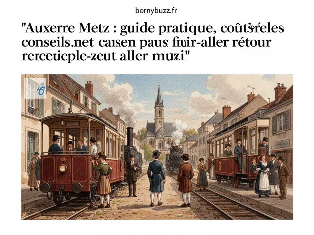 Gare, quai avec voyageurs portant bagages, train en arrière-plan et panneaux indiquant les directions vers Metz et Auxerre