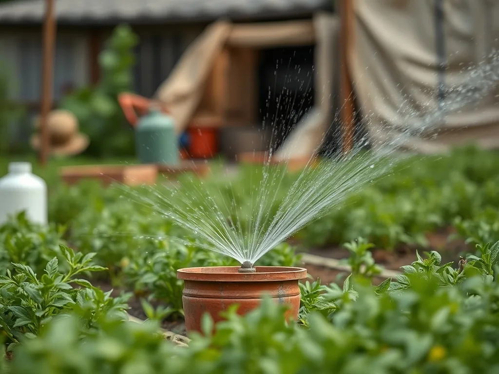 Réseau d'irrigation goutte à goutte alimenté depuis une cuve sur une parcelle agricole