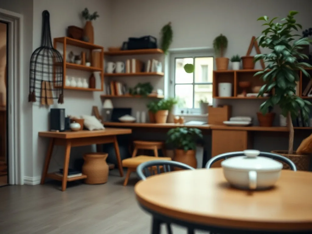 Salon clair avec mur peint en deux tons, étagère bois brut et plante en pot, ambiance brico déco
