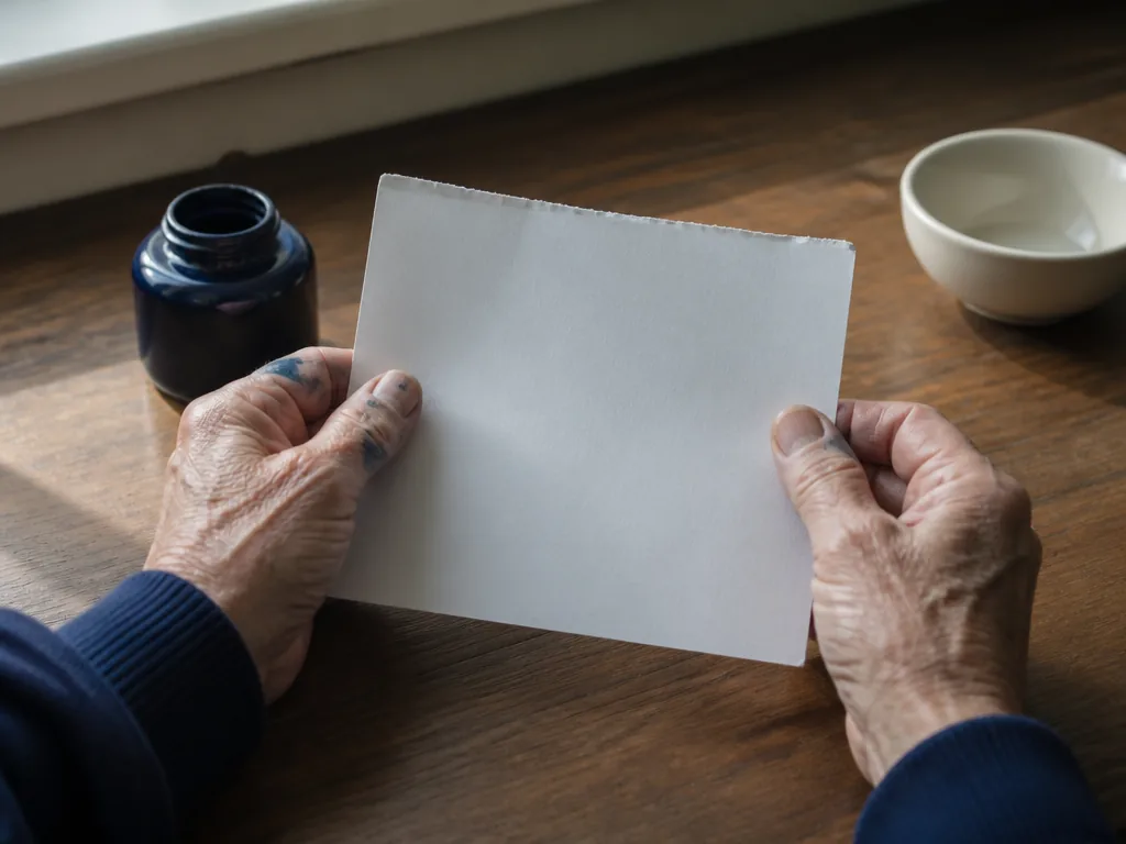 Photorealistic editorial photograph: elderly hands holding a paper calendar page torn to blank white, ink-stained finger