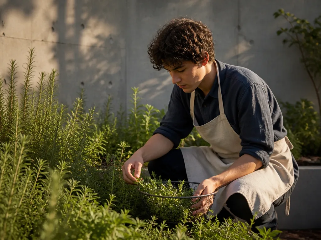 Photorealistic editorial photograph: young adult in linen apron picking fresh herbs in a sunlit urban garden, concrete w