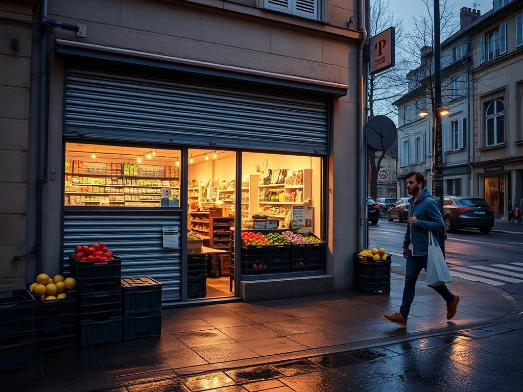 Devanture d'une épicerie de quartier encore éclairée à la tombée du jour, cageots de fruits sur le trottoir et passant avec un sac de courses