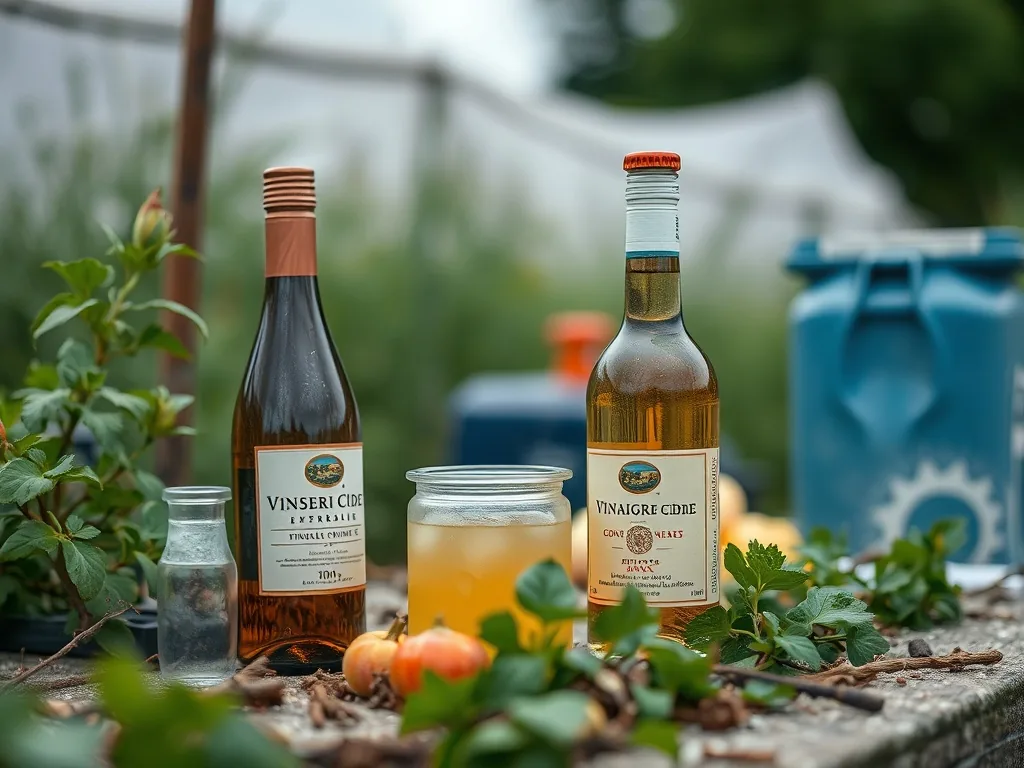 Bouteille de vinaigre de cidre avec une mère visible, posée sur un plan de travail en bois