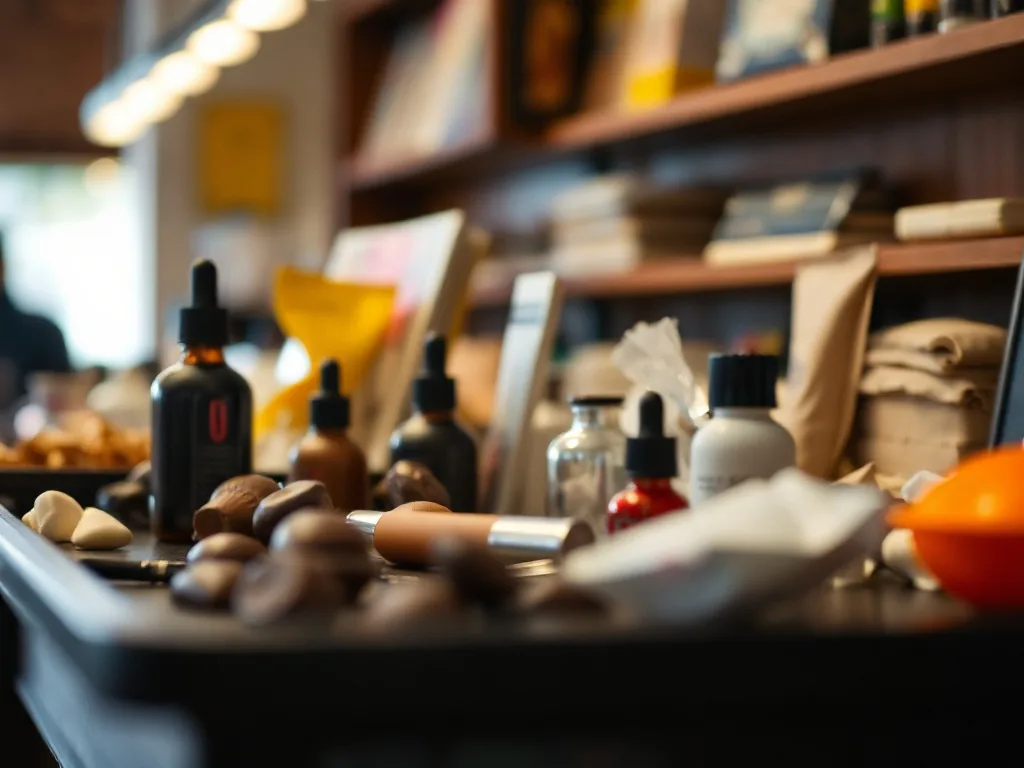 Un assortiment de cosmétiques au chocolat sur fond sombre, mêlant poudre de cacao, beurre de cacao brut et masques visage prêts à l'emploi.