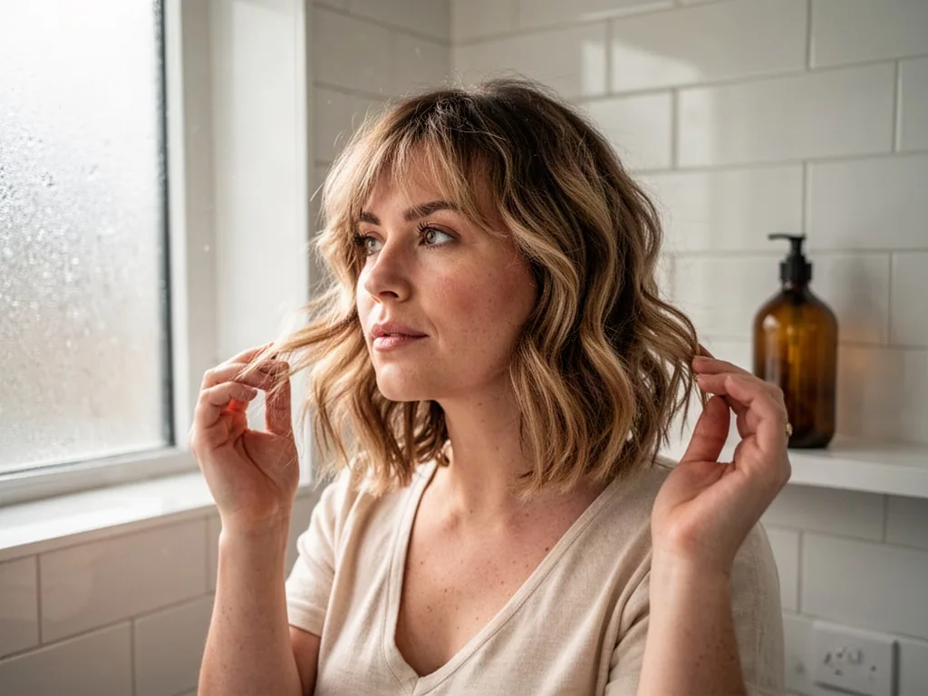 Round-faced woman with airy tousled lob, cheek-grazing layers, lifting a loose wave with her fingers while turning head