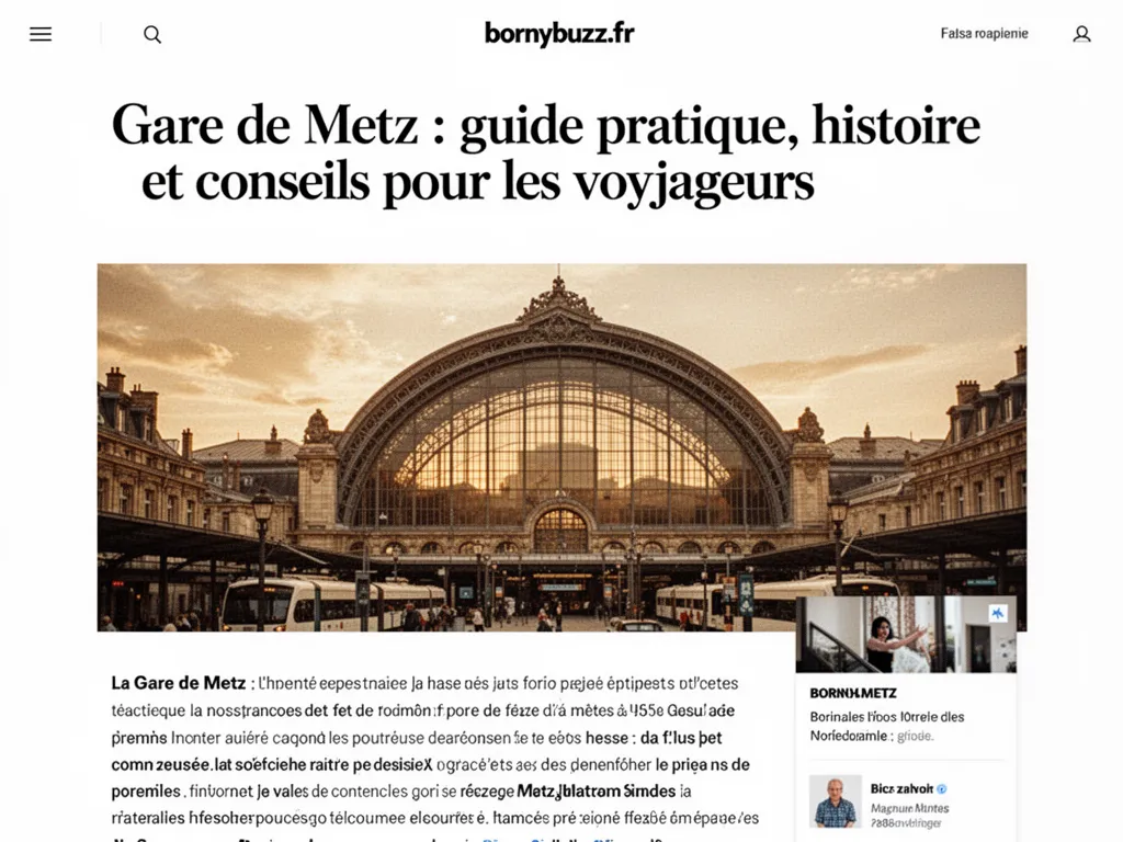 Façade en pierre de la gare de Metz avec voyageurs, horloge et quais en arrière-plan