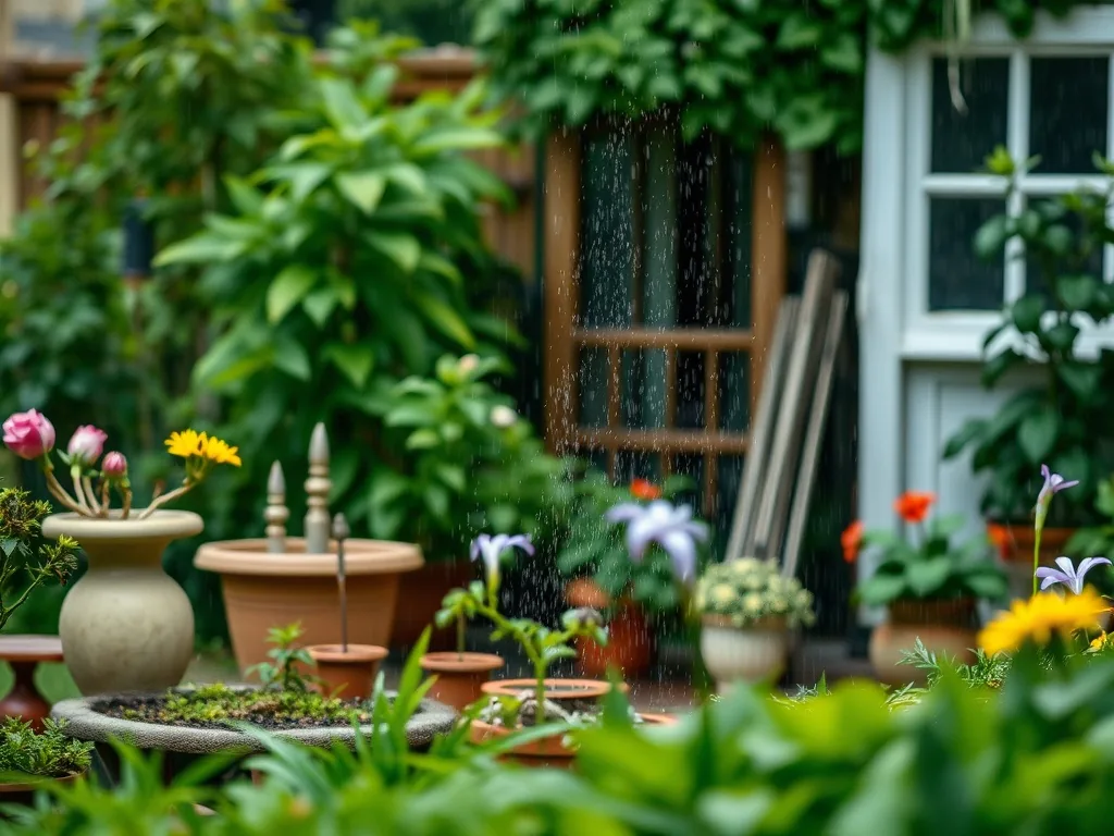 Cuve de récupération d'eau de pluie raccordée à une gouttière dans un jardin potager