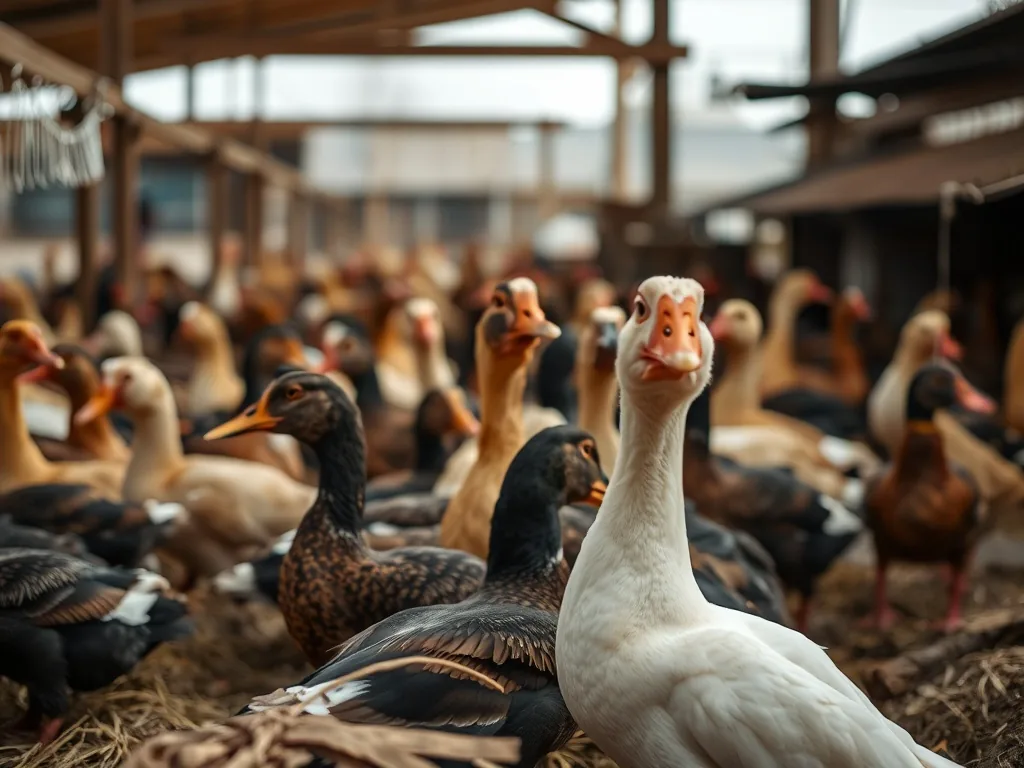 Canetons près d'une auge et d'une cuve de stockage sur une exploitation