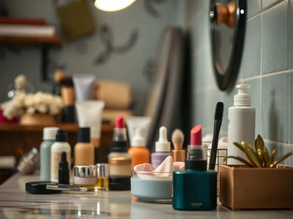 Trousse de maquillage avec des produits soin, pinceaux, crème, fond de teint sur fond clair