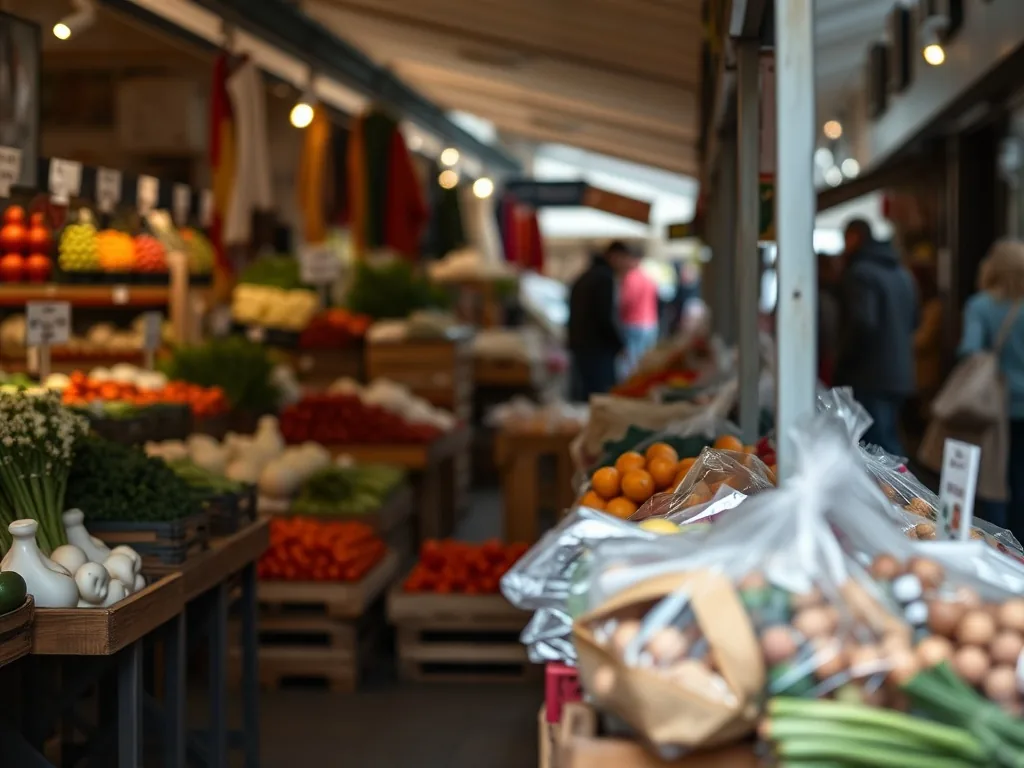 Étals de fruits et légumes sur un marché de quartier à Metz, un mercredi matin
