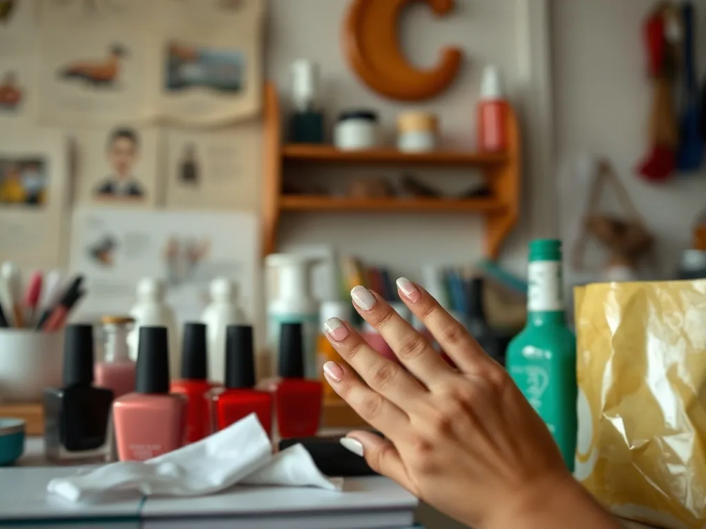 Mains féminines aux ongles vernis de différentes couleurs tendance posées sur un fond clair, avec des flacons éparpillés