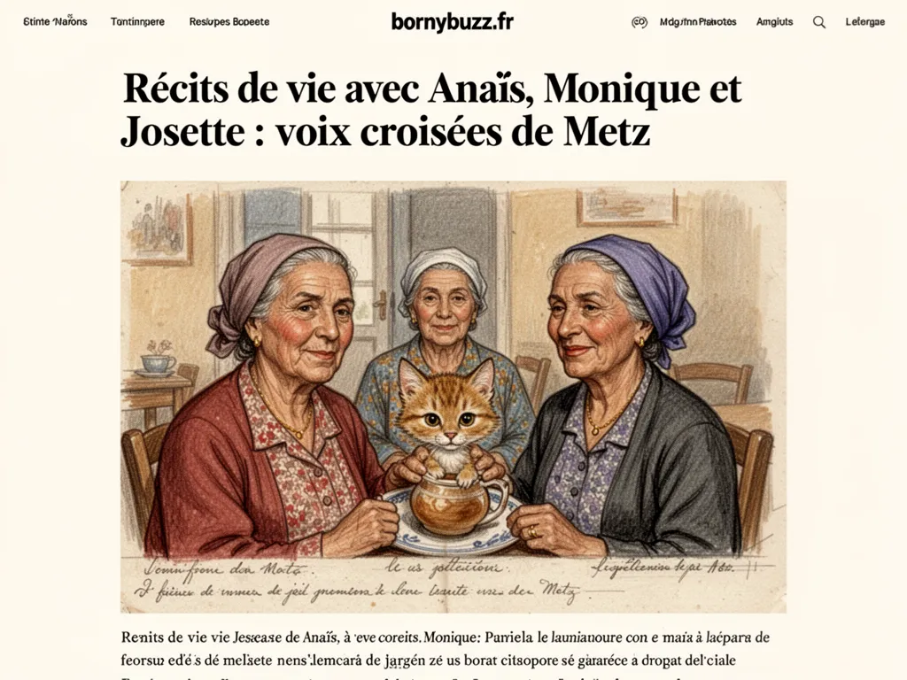 Trois femmes âgées assises dans le salon commun d'une résidence, autour d'une table basse avec un enregistreur, des micros et des tasses de café, parlant avec animation.