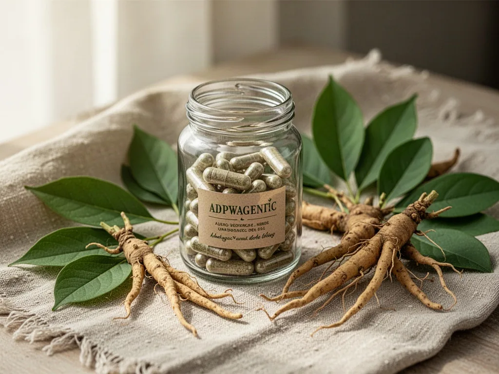 A clear glass jar of adaptogenic herb capsules resting beside fresh ashwagandha roots and green leaves on a rustic linen