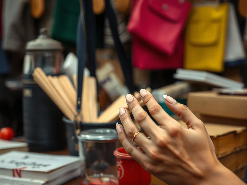 Gros plan sur des ongles courts portant un nail art chrome discret, géométrique et une teinte nude réhaussée de reflets nacrés.